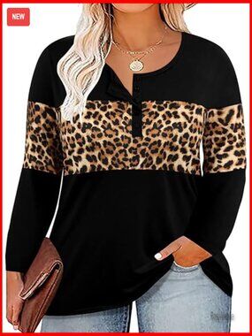 Plus Size Long Sleeve Tunic Henley Neck Blouse with Buttons - Stretchy Flowy Top